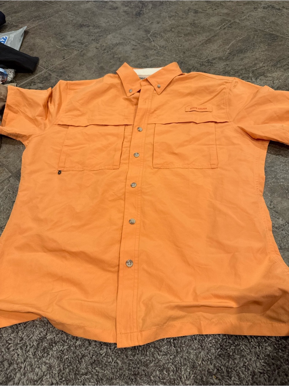 🍊NWOT Eddie Bauer Orange Button-Front Sport shop Sleeve Shirt